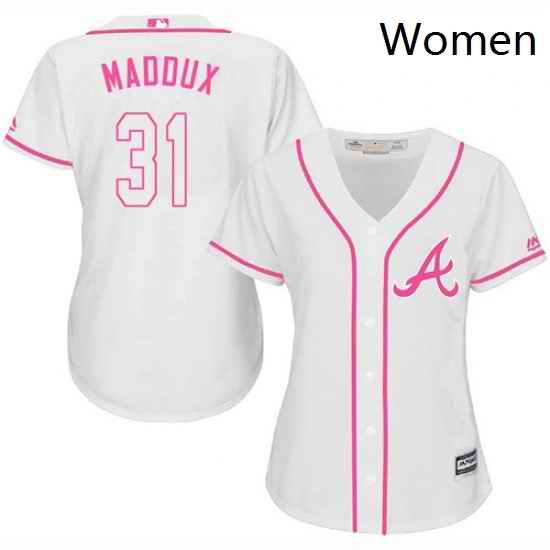 Womens Majestic Atlanta Braves 31 Greg Maddux Replica White Fashion Cool Base MLB Jersey